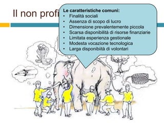 Le caratteristiche comuni:
• Finalità sociali
• Assenza di scopo di lucro
• Dimensione prevalentemente piccola
• Scarsa disponibilità di risorse finanziarie
• Limitata esperienza gestionale
• Modesta vocazione tecnologica
• Larga disponibiità di volontari

Il non profit è in rete?

 