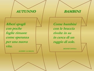 AUTUNNO                   BAMBINI


Alberi spogli             Come bambini
con poche                 con le braccia
foglie rimaste            rivolte in su
come speranza             in cerca di un
per una nuova             raggio di sole.
vita.
                                DENNIS TAVOLA
       ALESSIO LA MALFA
 
