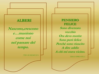 ALBERI                   PENSIERO
                              FELICE
Nascono,crescono            Sono diventato
  e…muoiono                     vecchio
                           Ora devo morire
    come noi                Sono però felice
 nel passare del         Perché sono riuscito
     tempo.                   A dire addio
                         A chi mi stava vicino.
        EWA SCARAMUZZA
                                    DIEGO SPREAFICO
 