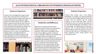 ALA’S INTERNATIONAL LIBRARIANS NETWORKING PROGRAM POSTER
Annierra’s Experience
Annierra lives in Douglasville, Georgia, United
States. She’s a Research Services Librarian for a
private college. She helps students and faculty with
research, particularly, non-traditional or older
students returning to school. There are different
library campuses, and her library doesn’t have any
books. However, students can borrow electronic
books and books from other library campuses. She
enjoyed learning about Farhana’s library. She
learned that Farhana does the same things as
librarians in the U.S., such as creating book fairs,
helping students, and implementing new
technology. She loves Farhana’s passion for the
field, especially her interest in technology. She
learned that Farhana uses the same resources as her,
such as Google Scholar.
Farhana’s Experience
Farhana Islam Auishie, who is from Dhaka,
Bangladesh, is occupied as an Assistant Librarian
at an International English Medium School. She
mostly serves the students and the faculty
members of this school with books, research,
information service, etc. Farhana’s other passion is
to talk with other librarians in the field to enrich
her knowledge. This platform gives her the space.
Annierra, who is a research librarian, deals with
different aspects and has the passion to serve the
young and older patrons in technological service.
She’s passionate about serving patrons and
meeting their needs.
Similarities and Differences
Both partners attended school to become
librarians, and both of them work with students.
Farhana’s students are much younger than
Annierra’s. They both use technology at their
jobs, but have different goals for it. Annierra
wants to help older students get comfortable with
technology; Farhana wants Internet and
technology to be more accessible in her country. In
Bangladesh, librarianship isn’t taken seriously, and
men don’t think women should be librarians. In
the U.S., people have misconceptions about
librarians but tend to think positively of them,
like being smart and enjoying reading. Women
mostly dominate the library field instead of men.
More work is being done to include librarians
from different cultural backgrounds in the U.S.
 