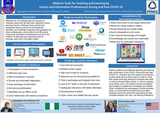 Webinar Tools for Teaching and Learning by
Library and Information Professionals During and Post-COVID 19
2022 International Librarians Networking Program
International Relations Round Table
American Library Association
Lecturer, Department of Library and Information Science
Faculty of Education
Ambrose Alli University
P. M. Box 14
Ekpoma, Edo State-Nigeria
Email: idha.lama@aauekpoma.edu.ng or idhalamao@gmail.com
https://orcid.org/0000-0003-3201-4127
Ogagaoghene Uzezi Idhalama, CLN Brianna Buljung, MLIS
Devices Used for Participation
1.Participation is more convenient
2.Webinars save cost
3.Risk of travelling is reduced
4.Simple and automated registration
5.Easy exchange of information
6.Anonymous participation
7.Attendees can go offline at will
8.Good relationship with webinar presenters
Introduction
Webinar platforms are effective teaching and learning
aids, particularly in the COVID-19 era and even after
COVID-19. Librarians are both teachers and learners,
as they assist various library users in order to meet
their needs while also learning to enhance their skills
in order to provide better service. In order to properly
serve library users, LIS workers should use webinar
technologies to update their knowledge and abilities.
When considering the advantages of online seminars
today, it is clear that the hurdles should not deter
librarians around the world from advocating for their
complete adoption and use in all learning institutions.
Conclusion
Webinars for LIS professionals are focused on
important topics that will help their institutions' library
services improve. Webinars have evolved into
acceptable learning venues for all disciplines;
librarians, as knowledge custodians and guardians for
other professionals, cannot afford to be left behind.
Library and information professionals must be at the
forefront of attending and organizing webinar
trainings, given their information duties.
Benefits of Webinars
Platforms Used for Participation
Teaching and Learning Librarian, Associate Library Faculty
Arthur Lakes Library
Colorado School of Mines
1400 Illinois St.
Golden, Colorado, USA
Email: bbuljung@mines.edu
https://orcid.org/0000-0002-3376-0757
1.Select time zones to suit target audience(s)
2.Record for those unable to attend
3.Pause frequently and speak slowly
4.Avoid colloquialisms and humor
5.Use inclusive terminology and images
6.Acknowledge your accent and nationality
7.Make time for participant interaction
Considerations for
International Audiences
Pamphlets, smart phones, tablets, laptops and desk top computers
Challenges Faced by Attendees
1.Poor Internet connection
2.Epileptic power supply
3.High cost of data for browsing
4.Webinars can be boring learning platforms
5.Time to participate and Irregular time zone
6.Lack of ICT skills on the part of participant
7.Inadequate interaction with fellow attendees
8.Social/physical isolation
9.Cyber crimes and related security issues
Ogagaoghene Uzezi Idhalama, Ambrose Alli University, Nigeria Brianna Buljung, Colorado School of Mines, United States of America
 