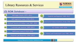 Library Resources Centre, Institute of lawLibrary Resources Centre, Institute of law
Library Resources & Services
CD ROM Database:-
AIR High Courts 1975-2013
AIR Supreme Court 1950-2013
Annual Survey of Indian Law 1965-2012
Criminal Law Journal 1960-2013
AIR Privy Council 1914-1950
Gujarat Law Reporter 1960-2012
Gujarat Law Reporter 1960-2012
Journal of Indian Institute of law 1958-2010
SCC Online 1950-2014
Patent and Trademark Cases 1981-2014
 
