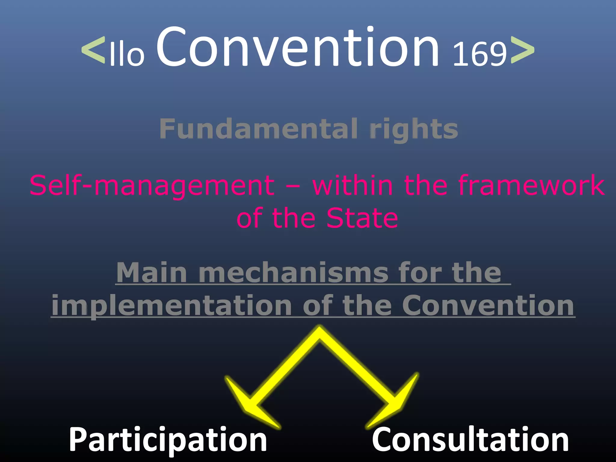 <Ilo Convention169>
Fundamental rights
Self-management – within the framework
of the State
Main mechanisms for the
implementation of the Convention
Participation Consultation
 