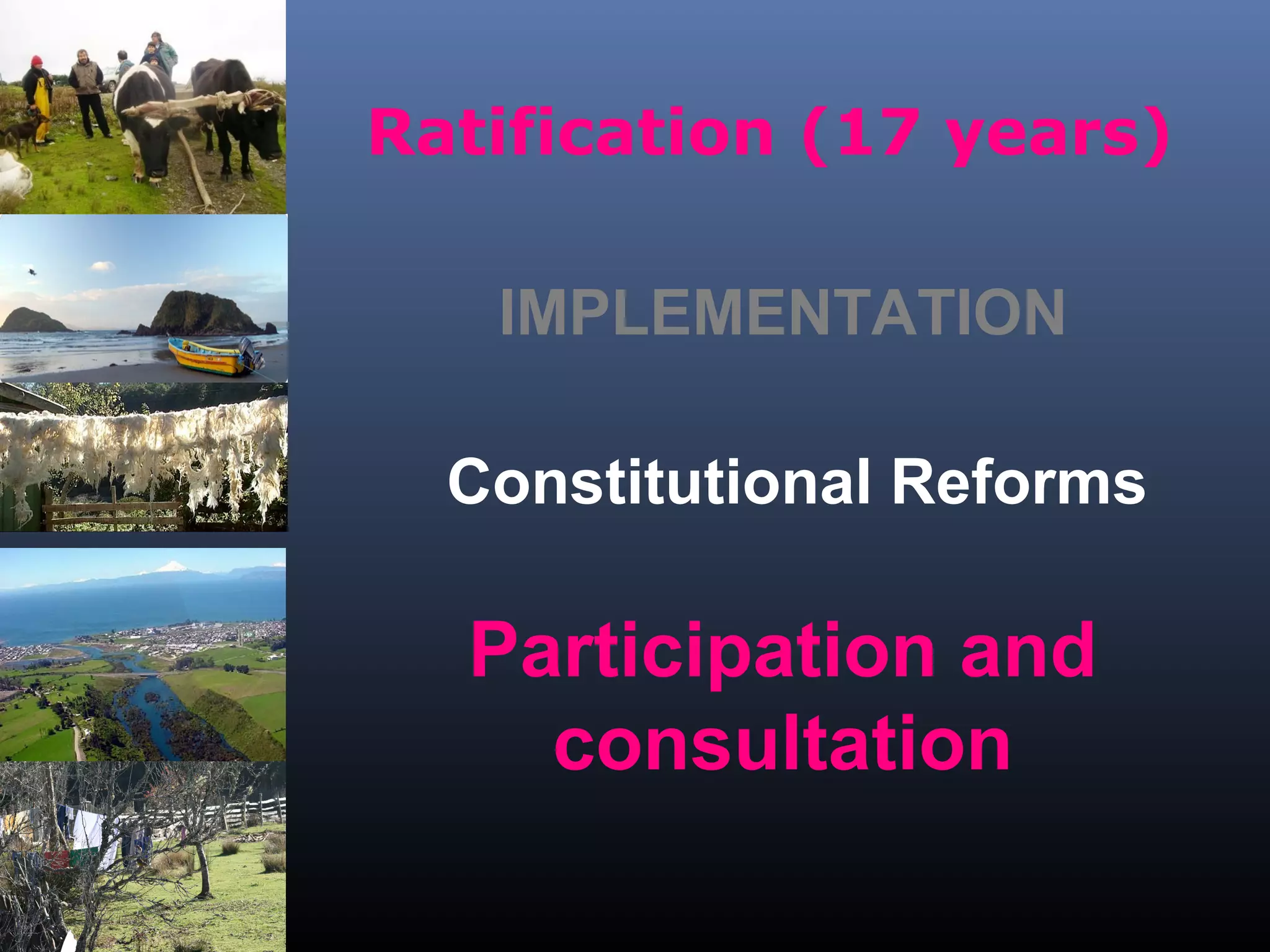 Constitutional Reforms
Participation and
consultation
Ratification (17 years)
IMPLEMENTATION
 