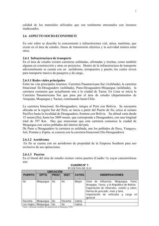 7




calidad de los materiales utilizados que son totalmente artesanales con insumos
inadecuados.

2.6 ASPECTO SOCIO-ECONOMICO

En este rubro se describe lo concerniente a infraestructura vial, aérea, marítima, que
existe en el área de estudio, líneas de transmisión eléctrica y la actividad minera entre
otros.

2.6.1 Infraestructura de transporte
En el área de estudio existen carreteras asfaltadas, afirmadas y trochas, como también
algunas en construcción y otras en proyectos. Dentro de la infraestructura de transporte
adicionalmente se cuenta con un aeródromo, terrapuertos y puerto, los cuales sirven
para transporte masivo de pasajeros y de carga..

2.6.1.1 Redes viales principales
Entre las vías principales tenemos: Carretera Panamericana Sur (Asfaltada), la carretera
binacional Ilo-Desaguadero (asfaltada), Puno-Desaguadero-Moquegua (asfaltada), la
carretera costanera que actualmente une a la ciudad de Tacna. En Lima se inicia la
Carretera Panamericana Sur que pasa por el área de estudio (departamentos de
Arequipa, Moquegua y Tacna), continuando hasta Chile.

La carretera binacional, Ilo-Desaguadero, integra al Perú con Bolivia. Se encuentra
ubicada en la región Sur del Perú, se inicia a partir del Puerto de Ilo, cerca al océano
Pacífico hasta la localidad de Desaguadero, frontera con Bolivia. Su altitud varía desde
15 msnm.(Ilo), hasta los 3809 msnm. que corresponde a Desaguadero, con una longitud
total de 397 Km. Hay que mencionar que esta carretera comunica la ciudad de
Moquegua con varios poblados del interior del país.
De Puno a Desaguadero la carretera es asfaltada, une los poblados de Ilave, Yunguyo,
Juli, Pomata y Zepita, se conecta con la carretera binacional (Ilo-Desaguadero).

2.6.1.2 Aeródromo
 En Ilo se cuenta con un aeródromo de propiedad de la Empresa Southern para uso
exclusivo de sus operaciones.

2.6.1.3 Puertos
En el litoral del área de estudio existen varios puertos (Cuadro 1), cuyas características
son:
                                                              CUADRO N° 1
                                                          PUERTOS DE ILO
                         UBICACIÓN
PUERTO             DPTO.    PROV    DIST.                           CATEG             OBSERVACIONES
                               .                                        .
Ilo               Moquegua Ilo    Ilo                               Mayor  Zona de influencia: Moquegua, Puno,
                                                                           Arequipa, Tacna, y la República de Bolivia.
                                                                           Exportación de minerales, estaño y cobre,
                                                                           Harina de pescado, maíz y lana.
                                                                           Importación de vehículos y carga en
                                                                           general
Pacocha    Moquegua                   Ilo         Pacocha           Caleta
Los Inglés Moquegua                   Ilo         Ilo               Caleta
Fuente: Compendio estadístico del departamento de Moquegua (1995)
 