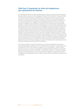 24 I Femmes d’affaires et femmes cadres  une montée en puissance
Défis face à l’expansion du vivier de compétences
que représentent les femmes
Les habitudes sociales et les rôles traditionnellement dévolus aux hommes et aux femmes
dans de nombreux pays et certaines régions telles que le Proche-Orient, l’Afrique du Nord
et l’Asie du Sud, ont un impact considérable sur le rôle que les femmes sont en mesure
de jouer sur le marché de l’emploi et dans la prise de décisions d’une manière générale.
Toutefois, pour dynamiser la croissance économique, les gouvernements soutiennent de
plus en plus l’éducation et l’engagement économique des femmes, tant que les normes
sociales et religieuses sont respectées, notamment dans le domaine des responsabilités
familiales. Une voie d’accès aux postes d’encadrement est ainsi ouverte aux femmes et des
efforts particuliers sont fournis pour contrer les faibles taux de participation des femmes
à l’emploi et pour créer un plus grand vivier de femmes qualifiées. Certaines entreprises
multinationales sont le fer de lance de l’embauche des femmes et favorisent l’emploi d’un
plus grand nombre de femmes dans leurs structures d’encadrement dans ces pays. Dans
l’optique d’une nationalisation de leurs marchés de l’emploi, les pays du Golfe et l’Arabie
Saoudite proposent des mesures stimulantes pour accélérer l’accès des femmes au marché
du travail, notamment en tant que cadres et chefs d’entreprises. Certes, ces initiatives sont
mises en place dans le cadre des exigences sociales en matière de séparation physique des
hommes et des femmes sur le lieu de travail, mais constituent néanmoins de nouvelles
opportunités pour les femmes de gagner un salaire et d’utiliser leurs connaissances et leur
formation à des postes techniques et d’encadrement.
Dans maintes régions du monde, les femmes sont toujours considérées comme ayant
pour rôle principal de prendre soin de leurs familles et de leur foyer. En termes d’horaires
quotidiens de travail, cette tradition a engendré ce que l’on appelle la « double charge »
de mener à la fois un travail, une carrière, par exemple de femme d’affaires, et en plus de
gérer les besoins de la famille. « Flexibilité », « gestion des priorités » et « gestion de tâches
multiples » font désormais partie du vocabulaire lié à la gestion d’emplois du temps très
chargés depuis les premières heures du matin jusqu’à tard le soir, presque tous les jours de
la semaine.
 