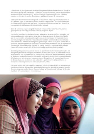 Quelles sont les politiques mises en œuvre pour promouvoir les femmes dans les affaires et
aux postes de direction ? Le Tableau 5 ci-dessous montre dans quelle mesure les entreprises
ayant répondu à l’enquête de l’OIT ont mis en œuvre 20 mesures différentes. Elles sont
classées en fonction du nombre d’entreprises appliquant chacune de ces mesures.
La majorité des entreprises ayant répondu à l’enquête ont indiqué qu’elles appliquaient les
dix premiers types de mesures du tableau ci-dessus. La politique la plus courante est celle
du congé de maternité, suivie par l’accès à la formation professionnelle et aux mesures de
recrutement, de fidélisation et de promotion des femmes.
Dans de nombreux pays, le congé de maternité est imposé par la loi. Toutefois, certains
participants ont indiqué qu’ils vont au-delà des exigences légales.
Un nombre moindre d’entreprises proposent des services de garde d’enfants et de soins aux
personnes âgées, des interruptions de carrière ou des programmes de réinsertion. Tandis
que 66 pour cent des entreprises interrogées proposent un accès aux formations de cadres
supérieurs en général, la moitié d’entre elles proposent des formations de cadres destinées
spécialement aux femmes. Les entreprises ayant indiqué « néant » à un grand nombre des 20
politiques révèlent qu’elles n’ont pas compris la signification des mesures, que les informations
n’étaient pas disponibles ou pas connues, ou que ces mesures n’étaient pas applicables en
raison de la nature des activités de l’entreprise ou du type de population employée.
Outre les politiques mentionnées ci-dessus, un grand nombre d’entreprises interrogées ont
souligné le problème du transport des femmes en raison des risques de harcèlement sexuel
auxquels elles sont exposées dans les transports en commun et des inquiétudes des familles
et des époux, notamment pour les femmes qui se déplacent le soir. Ainsi, dans les régions en
développement, les entreprises proposent souvent des systèmes de transport aux femmes
et dans certains cas, les femmes sont autorisées à quitter leur travail plus tôt avec les
transports de l’entreprise en cas de troubles à l’ordre public.
Certaines entreprises interrogées ont également indiqué qu’elles mettent en œuvre d’autres
politiques, telles que des cantines, des salles d’allaitement et des toilettes séparées pour les
femmes. Un grand nombre d’entre elles ont indiqué qu’elles suivent la politique de diversité
mondiale de leurs entreprises internationales.
©MohdKhairiIbrahim
Femmes d’affaires et femmes cadres  une montée en puissance I 27
©MohdKhairiIbrahim/Gettyimages
 