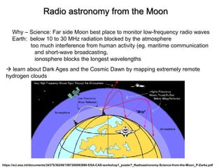 Radio astronomy from the Moon
Why – Science: Far side Moon best place to monitor low-frequency radio waves
Earth: below 10 to 30 MHz radiation blocked by the atmosphere
too much interference from human activity (eg. maritime communication
and short-wave broadcasting,
ionosphere blocks the longest wavelengths
https://sci.esa.int/documents/34375/36249/1567260083880-ESA-CAS-workshop1_poster7_Radioastronomy-Science-from-the-Moon_P-Zarka.pdf
 learn about Dark Ages and the Cosmic Dawn by mapping extremely remote
hydrogen clouds
 