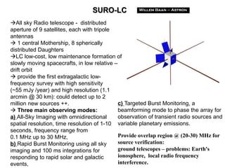 All sky Radio telescope - distributed
aperture of 9 satellites, each with tripole
antennas
 1 central Mothership, 8 spherically
distributed Daughters
LC low-cost, low maintenance formation of
slowly moving spacecrafts, in low relative –
drift orbit
 provide the first extragalactic low-
frequency survey with high sensitivity
(~55 mJy /year) and high resolution (1.1
arcmin @ 30 km): could detect up to 2
million new sources ++.
 Three main observing modes:
a) All-Sky Imaging with omnidirectional
spatial resolution, time resolution of 1-10
seconds, frequency range from
0.1 MHz up to 30 MHz,
b) Rapid Burst Monitoring using all sky
imaging and 100 ms integrations for
responding to rapid solar and galactic
events,
c) Targeted Burst Monitoring, a
beamforming mode to phase the array for
observation of transient radio sources and
variable planetary emissions.
SURO-LC
Provide overlap region @ (20-30) MHz for
source verification:
ground telescopes – problems: Earth's
ionosphere, local radio frequency
interference.
 