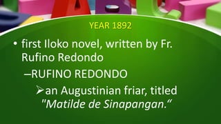 YEAR 1892
• first Iloko novel, written by Fr.
Rufino Redondo
–RUFINO REDONDO
an Augustinian friar, titled
"Matilde de Sinapangan.“
 
