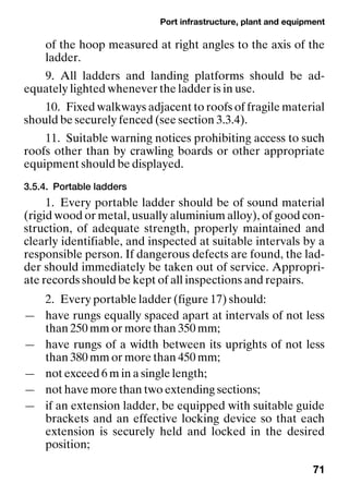 Port infrastructure, plant and equipment
71
of the hoop measured at right angles to the axis of the
ladder.
9. All ladders and landing platforms should be ad-
equately lighted whenever the ladder is in use.
10. Fixed walkways adjacent to roofs of fragile material
should be securely fenced (see section 3.3.4).
11. Suitable warning notices prohibiting access to such
roofs other than by crawling boards or other appropriate
equipment should be displayed.
3.5.4. Portable ladders
1. Every portable ladder should be of sound material
(rigid wood or metal, usually aluminium alloy), of good con-
struction, of adequate strength, properly maintained and
clearly identifiable, and inspected at suitable intervals by a
responsible person. If dangerous defects are found, the lad-
der should immediately be taken out of service. Appropri-
ate records should be kept of all inspections and repairs.
2. Every portable ladder (figure 17) should:
— have rungs equally spaced apart at intervals of not less
than 250 mm or more than 350 mm;
— have rungs of a width between its uprights of not less
than 380 mm or more than 450 mm;
— not exceed 6 m in a single length;
— not have more than two extending sections;
— if an extension ladder, be equipped with suitable guide
brackets and an effective locking device so that each
extension is securely held and locked in the desired
position;
 
