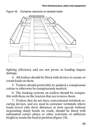 Port infrastructure, plant and equipment
77
lighting efficiency and are not prone to loading impact
damage.
4. All trailers should be fitted with devices to secure or
retain loads on them.
5. Trailers should preferably be painted a conspicuous
colour or otherwise be conspicuously marked.
6. The braking systems on trailers should be compat-
ible with those on the tractors that are to move them.
7. Trailers that do not have conventional twistlock se-
curing devices, and are used in container terminals where
loads travel only short distances at slow speeds without
negotiating sharp bends on roads, should be fitted with
substantial corner plates or other restraints of sufficient
height to retain the load in position (figure 18).
Figure 18. Container restraints on skeletal trailer
 