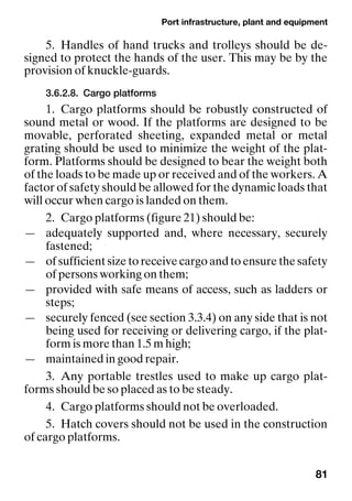 Port infrastructure, plant and equipment
81
5. Handles of hand trucks and trolleys should be de-
signed to protect the hands of the user. This may be by the
provision of knuckle-guards.
3.6.2.8. Cargo platforms
1. Cargo platforms should be robustly constructed of
sound metal or wood. If the platforms are designed to be
movable, perforated sheeting, expanded metal or metal
grating should be used to minimize the weight of the plat-
form. Platforms should be designed to bear the weight both
of the loads to be made up or received and of the workers. A
factor of safety should be allowed for the dynamic loads that
will occur when cargo is landed on them.
2. Cargo platforms (figure 21) should be:
— adequately supported and, where necessary, securely
fastened;
— of sufficient size to receive cargo and to ensure the safety
of persons working on them;
— provided with safe means of access, such as ladders or
steps;
— securely fenced (see section 3.3.4) on any side that is not
being used for receiving or delivering cargo, if the plat-
form is more than 1.5 m high;
— maintained in good repair.
3. Any portable trestles used to make up cargo plat-
forms should be so placed as to be steady.
4. Cargo platforms should not be overloaded.
5. Hatch covers should not be used in the construction
of cargo platforms.
 