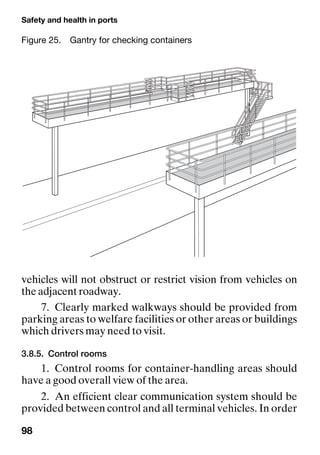 Safety and health in ports
98
vehicles will not obstruct or restrict vision from vehicles on
the adjacent roadway.
7. Clearly marked walkways should be provided from
parking areas to welfare facilities or other areas or buildings
which drivers may need to visit.
3.8.5. Control rooms
1. Control rooms for container-handling areas should
have a good overall view of the area.
2. An efficient clear communication system should be
provided between control and all terminal vehicles. In order
Figure 25. Gantry for checking containers
 