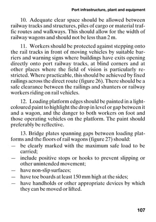 Port infrastructure, plant and equipment
107
10. Adequate clear space should be allowed between
railway tracks and structures, piles of cargo or material traf-
fic routes and walkways. This should allow for the width of
railway wagons and should not be less than 2 m.
11. Workers should be protected against stepping onto
the rail tracks in front of moving vehicles by suitable bar-
riers and warning signs where buildings have exits opening
directly onto port railway tracks, at blind corners and at
other places where the field of vision is particularly re-
stricted. Where practicable, this should be achieved by fixed
railings across the direct route (figure 26). There should be a
safe clearance between the railings and shunters or railway
workers riding on rail vehicles.
12. Loading platform edges should be painted in a light-
coloured paint to highlight the drop in level or gap between it
and a wagon, and the danger to both workers on foot and
those operating vehicles on the platform. The paint should
preferably be reflective.
13. Bridge plates spanning gaps between loading plat-
forms and the floors of rail wagons (figure 27) should:
— be clearly marked with the maximum safe load to be
carried;
— include positive stops or hooks to prevent slipping or
other unintended movement;
— have non-slip surfaces;
— have toe boards at least 150 mm high at the sides;
— have handholds or other appropriate devices by which
they can be moved or lifted.
 
