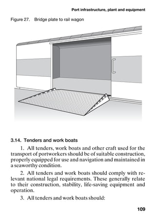 Port infrastructure, plant and equipment
109
3.14. Tenders and work boats
1. All tenders, work boats and other craft used for the
transport of portworkers should be of suitable construction,
properly equipped for use and navigation and maintained in
a seaworthy condition.
2. All tenders and work boats should comply with re-
levant national legal requirements. These generally relate
to their construction, stability, life-saving equipment and
operation.
3. All tenders and work boats should:
Figure 27. Bridge plate to rail wagon
 