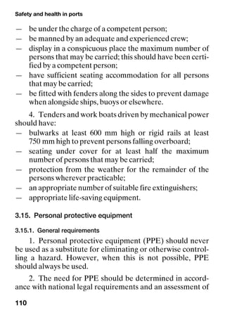 Safety and health in ports
110
— be under the charge of a competent person;
— be manned by an adequate and experienced crew;
— display in a conspicuous place the maximum number of
persons that may be carried; this should have been certi-
fied by a competent person;
— have sufficient seating accommodation for all persons
that may be carried;
— be fitted with fenders along the sides to prevent damage
when alongside ships, buoys or elsewhere.
4. Tenders and work boats driven by mechanical power
should have:
— bulwarks at least 600 mm high or rigid rails at least
750 mm high to prevent persons falling overboard;
— seating under cover for at least half the maximum
number of persons that may be carried;
— protection from the weather for the remainder of the
persons wherever practicable;
— an appropriate number of suitable fire extinguishers;
— appropriate life-saving equipment.
3.15. Personal protective equipment
3.15.1. General requirements
1. Personal protective equipment (PPE) should never
be used as a substitute for eliminating or otherwise control-
ling a hazard. However, when this is not possible, PPE
should always be used.
2. The need for PPE should be determined in accord-
ance with national legal requirements and an assessment of
 