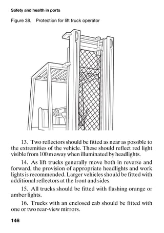 Safety and health in ports
146
13. Two reflectors should be fitted as near as possible to
the extremities of the vehicle. These should reflect red light
visible from 100 m away when illuminated by headlights.
14. As lift trucks generally move both in reverse and
forward, the provision of appropriate headlights and work
lights is recommended. Larger vehicles should be fitted with
additional reflectors at the front and sides.
15. All trucks should be fitted with flashing orange or
amber lights.
16. Trucks with an enclosed cab should be fitted with
one or two rear-view mirrors.
Figure 38. Protection for lift truck operator
 
