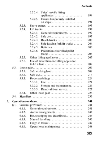 Contents
XIX
5.2.2.4. Ships' mobile lifting
appliances. . . . . . . . . . . . . . . . . . . . . 194
5.2.2.5. Cranes temporarily installed
on ships. . . . . . . . . . . . . . . . . . . . . . . 194
5.2.3. Shore cranes. . . . . . . . . . . . . . . . . . . . . . . . . . . 195
5.2.4. Lift trucks. . . . . . . . . . . . . . . . . . . . . . . . . . . . . 197
5.2.4.1. General requirements. . . . . . . . . . . 197
5.2.4.2. Safe use. . . . . . . . . . . . . . . . . . . . . . . 197
5.2.4.3. Reach trucks . . . . . . . . . . . . . . . . . . 203
5.2.4.4. Side-loading forklift trucks . . . . . . 204
5.2.4.5. Batteries . . . . . . . . . . . . . . . . . . . . . . 206
5.2.4.6. Pedestrian-controlled pallet
trucks . . . . . . . . . . . . . . . . . . . . . . . . 206
5.2.5. Other lifting appliances . . . . . . . . . . . . . . . . . 207
5.2.6. Use of more than one lifting appliance
to lift a load . . . . . . . . . . . . . . . . . . . . . . . . . . . 209
5.3. Loose gear. . . . . . . . . . . . . . . . . . . . . . . . . . . . . . . . . . . . 209
5.3.1. Safe working load . . . . . . . . . . . . . . . . . . . . . . 209
5.3.2. Safe use. . . . . . . . . . . . . . . . . . . . . . . . . . . . . . . 213
5.3.3. Ropes and slings . . . . . . . . . . . . . . . . . . . . . . . 224
5.3.3.1. Use . . . . . . . . . . . . . . . . . . . . . . . . . . 224
5.3.3.2. Storage and maintenance. . . . . . . . 226
5.3.3.3. Removal from service. . . . . . . . . . . 227
5.3.4. Other loose gear . . . . . . . . . . . . . . . . . . . . . . . 228
5.4. Signallers . . . . . . . . . . . . . . . . . . . . . . . . . . . . . . . . . . . . . 235
6. Operations on shore . . . . . . . . . . . . . . . . . . . . . . . . . . . . . . . . . 241
6.1. General provisions. . . . . . . . . . . . . . . . . . . . . . . . . . . . . 241
6.1.1. General requirements. . . . . . . . . . . . . . . . . . . 241
6.1.2. Access arrangements . . . . . . . . . . . . . . . . . . . 242
6.1.3. Housekeeping and cleanliness. . . . . . . . . . . . 244
6.1.4. Manual handling . . . . . . . . . . . . . . . . . . . . . . . 245
6.1.5. Cargo in transit . . . . . . . . . . . . . . . . . . . . . . . . 247
6.1.6. Operational maintenance. . . . . . . . . . . . . . . . 248
 