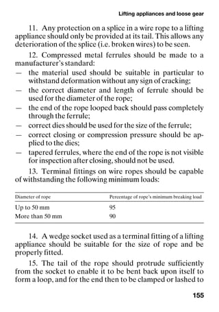 Lifting appliances and loose gear
155
11. Any protection on a splice in a wire rope to a lifting
appliance should only be provided at its tail. This allows any
deterioration of the splice (i.e. broken wires) to be seen.
12. Compressed metal ferrules should be made to a
manufacturer’s standard:
— the material used should be suitable in particular to
withstand deformation without any sign of cracking;
— the correct diameter and length of ferrule should be
used for the diameter of the rope;
— the end of the rope looped back should pass completely
through the ferrule;
— correct dies should be used for the size of the ferrule;
— correct closing or compression pressure should be ap-
plied to the dies;
— tapered ferrules, where the end of the rope is not visible
for inspection after closing, should not be used.
13. Terminal fittings on wire ropes should be capable
of withstanding the following minimum loads:
14. A wedge socket used as a terminal fitting of a lifting
appliance should be suitable for the size of rope and be
properly fitted.
15. The tail of the rope should protrude sufficiently
from the socket to enable it to be bent back upon itself to
form a loop, and for the end then to be clamped or lashed to
Diameter of rope Percentage of rope’s minimum breaking load
Up to 50 mm 95
More than 50 mm 90
 