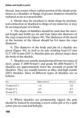 Safety and health in ports
166
thread. Any corner where a plain portion of the shank term-
inates at a shoulder or flange of greater diameter should be
radiused as far as is practicable.
4. Hooks may be attached to chain slings by mechan-
ical connection or shackled to slings of any material, or may
be an integral part of a block.
5. The shape of thimbles should be such that the inter-
nal length and width are six and four times the diameter of
the rope respectively (figure 49). The thickness of the metal
at the bottom of the throat should be 0.4 times the rope
diameter.
6. The diameter of the body and pin of a shackle are
given (figure 50), as well as its safe working load (13 mm
(1/2”) H 16 mm (5/8”)). Shackle pins are always larger than
the body of the shackle.
7. Shackles are usually manufactured from two types of
steel, grade T (800 N/mm2) and grade M (400 N/mm2). T
shackles are approximately twice the strength of grade M
shackles. They are usually known as alloy and high tensile
(HT) shackles. Sizes of different types of shackles are as
follows:
8. Where shackles are permanently rigged, the pins
should be locked by mousing a screw collar pin or by a split
cotter pin on a nut and bolt pin.
Size High tensile (t) Alloy (t)
13 mm (1/2”) 1.0 2.0
25 mm (1”) 4.5 8.5
50 mm (2”) 19.0 35.0
 