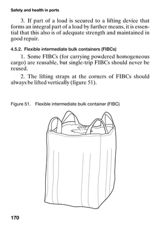 Safety and health in ports
170
3. If part of a load is secured to a lifting device that
forms an integral part of a load by further means, it is essen-
tial that this also is of adequate strength and maintained in
good repair.
4.5.2. Flexible intermediate bulk containers (FIBCs)
1. Some FIBCs (for carrying powdered homogeneous
cargo) are reusable, but single-trip FIBCs should never be
reused.
2. The lifting straps at the corners of FIBCs should
always be lifted vertically (figure 51).
Figure 51. Flexible intermediate bulk container (FIBC)
 
