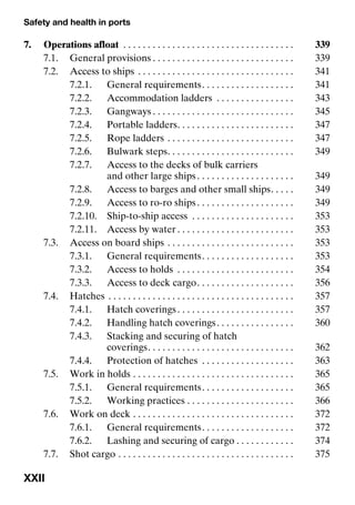 Safety and health in ports
XXII
7. Operations afloat . . . . . . . . . . . . . . . . . . . . . . . . . . . . . . . . . . . 339
7.1. General provisions . . . . . . . . . . . . . . . . . . . . . . . . . . . . . 339
7.2. Access to ships . . . . . . . . . . . . . . . . . . . . . . . . . . . . . . . . 341
7.2.1. General requirements. . . . . . . . . . . . . . . . . . . 341
7.2.2. Accommodation ladders . . . . . . . . . . . . . . . . 343
7.2.3. Gangways . . . . . . . . . . . . . . . . . . . . . . . . . . . . . 345
7.2.4. Portable ladders. . . . . . . . . . . . . . . . . . . . . . . . 347
7.2.5. Rope ladders . . . . . . . . . . . . . . . . . . . . . . . . . . 347
7.2.6. Bulwark steps. . . . . . . . . . . . . . . . . . . . . . . . . . 349
7.2.7. Access to the decks of bulk carriers
and other large ships. . . . . . . . . . . . . . . . . . . . 349
7.2.8. Access to barges and other small ships. . . . . 349
7.2.9. Access to ro-ro ships. . . . . . . . . . . . . . . . . . . . 349
7.2.10. Ship-to-ship access . . . . . . . . . . . . . . . . . . . . . 353
7.2.11. Access by water . . . . . . . . . . . . . . . . . . . . . . . . 353
7.3. Access on board ships . . . . . . . . . . . . . . . . . . . . . . . . . . 353
7.3.1. General requirements. . . . . . . . . . . . . . . . . . . 353
7.3.2. Access to holds . . . . . . . . . . . . . . . . . . . . . . . . 354
7.3.3. Access to deck cargo. . . . . . . . . . . . . . . . . . . . 356
7.4. Hatches . . . . . . . . . . . . . . . . . . . . . . . . . . . . . . . . . . . . . . 357
7.4.1. Hatch coverings. . . . . . . . . . . . . . . . . . . . . . . . 357
7.4.2. Handling hatch coverings. . . . . . . . . . . . . . . . 360
7.4.3. Stacking and securing of hatch
coverings. . . . . . . . . . . . . . . . . . . . . . . . . . . . . . 362
7.4.4. Protection of hatches . . . . . . . . . . . . . . . . . . . 363
7.5. Work in holds . . . . . . . . . . . . . . . . . . . . . . . . . . . . . . . . . 365
7.5.1. General requirements. . . . . . . . . . . . . . . . . . . 365
7.5.2. Working practices . . . . . . . . . . . . . . . . . . . . . . 366
7.6. Work on deck . . . . . . . . . . . . . . . . . . . . . . . . . . . . . . . . . 372
7.6.1. General requirements. . . . . . . . . . . . . . . . . . . 372
7.6.2. Lashing and securing of cargo . . . . . . . . . . . . 374
7.7. Shot cargo . . . . . . . . . . . . . . . . . . . . . . . . . . . . . . . . . . . . 375
 