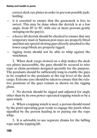 Safety and health in ports
186
correct deck eye plates in order to prevent possible jack-
knifing;
— it is essential to ensure that the gooseneck is free to
swivel. This may be done when the derrick is at a low
angle, from 30˚ to 50˚, with one or more persons gently
swinging on the guy(s);
— a heavy lift derrick should be checked to ensure that any
temporary mast or Samson post stays are properly fitted
and that any special slewing guys directly attached to the
lower cargo block are properly rigged;
— rigging items should not be able to whip against the
winchman.
2. When deck cargo stowed on a ship makes the deck
eye plates inaccessible, the guys should be secured to wire
rope or chain pendants designed specially for the purpose.
The pendants should be sufficiently long to enable the guys
to be coupled to the pendants at the top level of the deck
cargo. Extreme care should be taken to ensure that the rela-
tive positions of the guys remain as shown on the rigging
plans.
3. No derrick should be rigged and adjusted for angle
other than by its own power-operated topping winch or by a
span winch.
4. When a topping winch is used, a person should stand
by the pawl-operating gear ready to engage the pawls when
signalled by the person hauling in or paying out the rope
whip.
5. It is advisable to use separate drums for the luffing
rope and the topping lift.
 