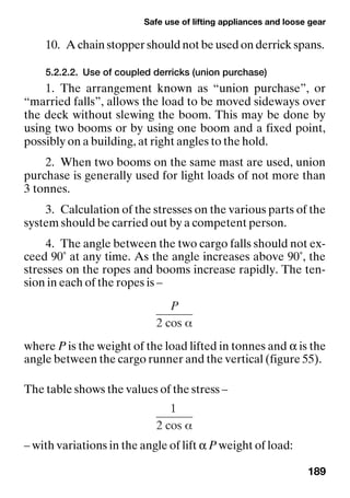 Safe use of lifting appliances and loose gear
189
10. A chain stopper should not be used on derrick spans.
5.2.2.2. Use of coupled derricks (union purchase)
1. The arrangement known as “union purchase”, or
“married falls”, allows the load to be moved sideways over
the deck without slewing the boom. This may be done by
using two booms or by using one boom and a fixed point,
possibly on a building, at right angles to the hold.
2. When two booms on the same mast are used, union
purchase is generally used for light loads of not more than
3 tonnes.
3. Calculation of the stresses on the various parts of the
system should be carried out by a competent person.
4. The angle between the two cargo falls should not ex-
ceed 90˚ at any time. As the angle increases above 90˚, the
stresses on the ropes and booms increase rapidly. The ten-
sion in each of the ropes is –
where P is the weight of the load lifted in tonnes and α is the
angle between the cargo runner and the vertical (figure 55).
The table shows the values of the stress –
– with variations in the angle of lift α P weight of load:
 
