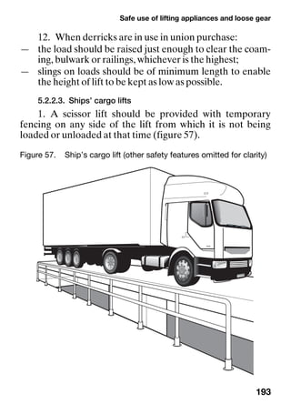 Safe use of lifting appliances and loose gear
193
12. When derricks are in use in union purchase:
— the load should be raised just enough to clear the coam-
ing, bulwark or railings, whichever is the highest;
— slings on loads should be of minimum length to enable
the height of lift to be kept as low as possible.
5.2.2.3. Ships’ cargo lifts
1. A scissor lift should be provided with temporary
fencing on any side of the lift from which it is not being
loaded or unloaded at that time (figure 57).
Figure 57. Ship’s cargo lift (other safety features omitted for clarity)
 
