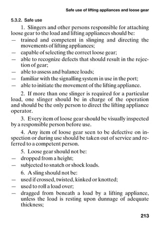 Safe use of lifting appliances and loose gear
213
5.3.2. Safe use
1. Slingers and other persons responsible for attaching
loose gear to the load and lifting appliances should be:
— trained and competent in slinging and directing the
movements of lifting appliances;
— capable of selecting the correct loose gear;
— able to recognize defects that should result in the rejec-
tion of gear;
— able to assess and balance loads;
— familiar with the signalling system in use in the port;
— able to initiate the movement of the lifting appliance.
2. If more than one slinger is required for a particular
load, one slinger should be in charge of the operation
and should be the only person to direct the lifting appliance
operator.
3. Every item of loose gear should be visually inspected
by a responsible person before use.
4. Any item of loose gear seen to be defective on in-
spection or during use should be taken out of service and re-
ferred to a competent person.
5. Loose gear should not be:
— dropped from a height;
— subjected to snatch or shock loads.
6. A sling should not be:
— used if crossed, twisted, kinked or knotted;
— used to roll a load over;
— dragged from beneath a load by a lifting appliance,
unless the load is resting upon dunnage of adequate
thickness;
 