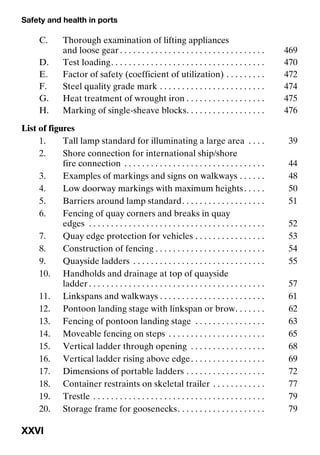 Safety and health in ports
XXVI
C. Thorough examination of lifting appliances
and loose gear . . . . . . . . . . . . . . . . . . . . . . . . . . . . . . . . . 469
D. Test loading. . . . . . . . . . . . . . . . . . . . . . . . . . . . . . . . . . . 470
E. Factor of safety (coefficient of utilization) . . . . . . . . . 472
F. Steel quality grade mark . . . . . . . . . . . . . . . . . . . . . . . . 474
G. Heat treatment of wrought iron . . . . . . . . . . . . . . . . . . 475
H. Marking of single-sheave blocks. . . . . . . . . . . . . . . . . . 476
List of figures
1. Tall lamp standard for illuminating a large area . . . . 39
2. Shore connection for international ship/shore
fire connection . . . . . . . . . . . . . . . . . . . . . . . . . . . . . . . . 44
3. Examples of markings and signs on walkways . . . . . . 48
4. Low doorway markings with maximum heights. . . . . 50
5. Barriers around lamp standard. . . . . . . . . . . . . . . . . . . 51
6. Fencing of quay corners and breaks in quay
edges . . . . . . . . . . . . . . . . . . . . . . . . . . . . . . . . . . . . . . . . 52
7. Quay edge protection for vehicles . . . . . . . . . . . . . . . . 53
8. Construction of fencing . . . . . . . . . . . . . . . . . . . . . . . . . 54
9. Quayside ladders . . . . . . . . . . . . . . . . . . . . . . . . . . . . . . 55
10. Handholds and drainage at top of quayside
ladder . . . . . . . . . . . . . . . . . . . . . . . . . . . . . . . . . . . . . . . . 57
11. Linkspans and walkways . . . . . . . . . . . . . . . . . . . . . . . . 61
12. Pontoon landing stage with linkspan or brow. . . . . . . 62
13. Fencing of pontoon landing stage . . . . . . . . . . . . . . . . 63
14. Moveable fencing on steps . . . . . . . . . . . . . . . . . . . . . . 65
15. Vertical ladder through opening . . . . . . . . . . . . . . . . . 68
16. Vertical ladder rising above edge. . . . . . . . . . . . . . . . . 69
17. Dimensions of portable ladders . . . . . . . . . . . . . . . . . . 72
18. Container restraints on skeletal trailer . . . . . . . . . . . . 77
19. Trestle . . . . . . . . . . . . . . . . . . . . . . . . . . . . . . . . . . . . . . . 79
20. Storage frame for goosenecks. . . . . . . . . . . . . . . . . . . . 79
 