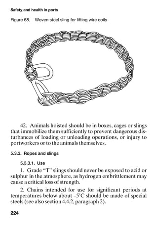 Safety and health in ports
224
42. Animals hoisted should be in boxes, cages or slings
that immobilize them sufficiently to prevent dangerous dis-
turbances of loading or unloading operations, or injury to
portworkers or to the animals themselves.
5.3.3. Ropes and slings
5.3.3.1. Use
1. Grade “T” slings should never be exposed to acid or
sulphur in the atmosphere, as hydrogen embrittlement may
cause a critical loss of strength.
2. Chains intended for use for significant periods at
temperatures below about –5˚C should be made of special
steels (see also section 4.4.2, paragraph 2).
Figure 68. Woven steel sling for lifting wire coils
 