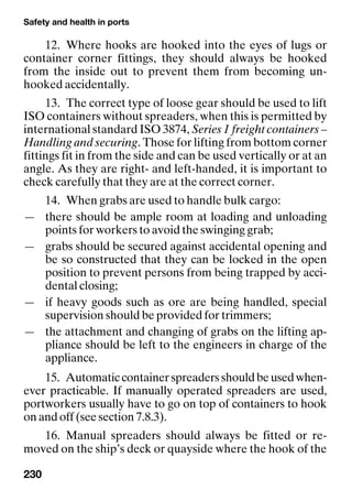 Safety and health in ports
230
12. Where hooks are hooked into the eyes of lugs or
container corner fittings, they should always be hooked
from the inside out to prevent them from becoming un-
hooked accidentally.
13. The correct type of loose gear should be used to lift
ISO containers without spreaders, when this is permitted by
international standard ISO 3874, Series 1 freight containers –
Handling and securing. Those for lifting from bottom corner
fittings fit in from the side and can be used vertically or at an
angle. As they are right- and left-handed, it is important to
check carefully that they are at the correct corner.
14. When grabs are used to handle bulk cargo:
— there should be ample room at loading and unloading
points for workers to avoid the swinging grab;
— grabs should be secured against accidental opening and
be so constructed that they can be locked in the open
position to prevent persons from being trapped by acci-
dental closing;
— if heavy goods such as ore are being handled, special
supervision should be provided for trimmers;
— the attachment and changing of grabs on the lifting ap-
pliance should be left to the engineers in charge of the
appliance.
15. Automaticcontainerspreadersshouldbeusedwhen-
ever practicable. If manually operated spreaders are used,
portworkers usually have to go on top of containers to hook
on and off (see section 7.8.3).
16. Manual spreaders should always be fitted or re-
moved on the ship’s deck or quayside where the hook of the
 