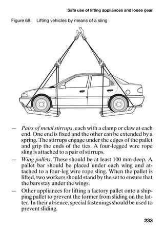 Safe use of lifting appliances and loose gear
233
— Pairs of metal stirrups, each with a clamp or claw at each
end. One end is fixed and the other can be extended by a
spring. The stirrups engage under the edges of the pallet
and grip the ends of the ties. A four-legged wire rope
sling is attached to a pair of stirrups.
— Wing pallets. These should be at least 100 mm deep. A
pallet bar should be placed under each wing and at-
tached to a four-leg wire rope sling. When the pallet is
lifted, two workers should stand by the set to ensure that
the bars stay under the wings.
— Other appliances for lifting a factory pallet onto a ship-
ping pallet to prevent the former from sliding on the lat-
ter. In their absence, special fastenings should be used to
prevent sliding.
Figure 69. Lifting vehicles by means of a sling
 