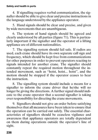 Safety and health in ports
236
4. If signalling requires verbal communication, the sig-
naller should be able to give clear and precise instructions in
the language understood by the appliance operator.
5. Hand signals should be clear and precise, and given
by wide movements that are unambiguous.
6. The system of hand signals should be agreed and
clearly understood by all parties (figure 71). This is particu-
larly important if the signaller and the operator of a lifting
appliance are of different nationalities.
7. The signalling system should fail safe. If radios are
used, each crane should have its own separate call sign and
frequency, which should be kept free from communications
for other purposes in order to prevent operators reacting to
signals intended for another crane. The signaller should
constantly repeat the required motion throughout the in-
tended movement, such as “hoist, hoist... hoist”, and the
motion should be stopped if the operator ceases to hear
the instruction.
8. The signalling system should include a means for a
signaller to inform the crane driver that he/she will no
longer be giving the directions. A further signal should indi-
cate to the crane operator that a second signaller is taking
over responsibility for directing the crane movements.
9. Signallers should not give an order before satisfying
themselves that all measures have been taken to ensure that
the operation can be carried out safely. The essential char-
acteristics of signallers should be ceaseless vigilance and
awareness that appliance operators are totally dependent
on them during operations outside the operator’s line of
sight.
 