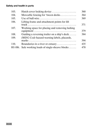 Safety and health in ports
XXX
103. Hatch cover locking device . . . . . . . . . . . . . . . . . . . 360
104. Moveable fencing for ‘tween decks. . . . . . . . . . . . . 364
105. Use of bull wire . . . . . . . . . . . . . . . . . . . . . . . . . . . . . 369
106. Lifting frame and attachment points for lift
truck . . . . . . . . . . . . . . . . . . . . . . . . . . . . . . . . . . . . . . 371
107. Working space for placing and removing lashing
equipment . . . . . . . . . . . . . . . . . . . . . . . . . . . . . . . . . 379
108. Guiding a reversing trailer on a ship’s deck. . . . . . 384
109. IMDG Code hazard warning labels, placards,
marks . . . . . . . . . . . . . . . . . . . . . . . . . . . . . . . . . . . . . 394
110. Boundaries in a river or estuary . . . . . . . . . . . . . . . 435
H1-H6. Safe working loads of single-sheave blocks . . . . . . 478
 