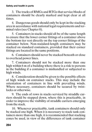 Safety and health in ports
264
3. The tracks of RMGs and RTGs that service blocks of
containers should be clearly marked and kept clear at all
times.
4. Dangerous goods should only be kept in the stacking
area in accordance with national legal requirements and ter-
minal rules (see Chapter 8).
5. Containers in stacks should all be of the same length
to ensure that the lower corner fittings of a container above
the bottom tier rest directly on the top corner fittings of the
container below. Non-standard-length containers may be
stacked on standard containers, provided that their corner
fittings are located in the same positions.
6. Containers should never be stacked beneath or close
to overhead power lines.
7. Containers should not be stacked more than one
high within 6 m of a building where there is a risk to persons
in the building if a container is mishandled or subjected to
high winds.
8. Consideration should be given to the possible effects
of high winds on container stacks. This may include the
orientation of containers in line with prevailing winds.
Where necessary, containers should be secured by twist-
locks or otherwise.
9. The ends of rows in stacks serviced by straddle car-
riers should be stepped down, where this is practicable, in
order to improve the visibility of straddle carriers emerging
from the stack.
10. Whenever practicable, tank containers should only
be stacked one high. When it is necessary to stack tank con-
tainers more than one high, it is recommended that stacking
cones be used, in view of the differences of tank container
 
