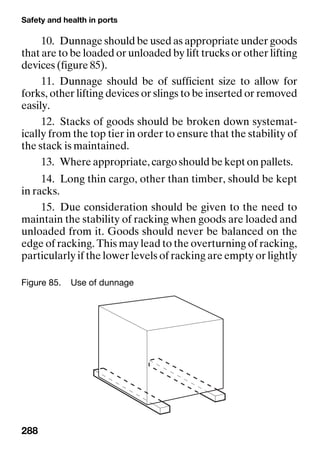 Safety and health in ports
288
10. Dunnage should be used as appropriate under goods
that are to be loaded or unloaded by lift trucks or other lifting
devices (figure 85).
11. Dunnage should be of sufficient size to allow for
forks, other lifting devices or slings to be inserted or removed
easily.
12. Stacks of goods should be broken down systemat-
ically from the top tier in order to ensure that the stability of
the stack is maintained.
13. Where appropriate, cargo should be kept on pallets.
14. Long thin cargo, other than timber, should be kept
in racks.
15. Due consideration should be given to the need to
maintain the stability of racking when goods are loaded and
unloaded from it. Goods should never be balanced on the
edge of racking. This may lead to the overturning of racking,
particularly if the lower levels of racking are empty or lightly
Figure 85. Use of dunnage
 