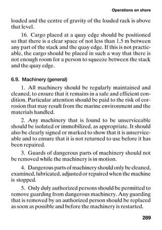 Operations on shore
289
loaded and the centre of gravity of the loaded rack is above
that level.
16. Cargo placed at a quay edge should be positioned
so that there is a clear space of not less than 1.5 m between
any part of the stack and the quay edge. If this is not practic-
able, the cargo should be placed in such a way that there is
not enough room for a person to squeeze between the stack
and the quay edge.
6.9. Machinery (general)
1. All machinery should be regularly maintained and
cleaned, to ensure that it remains in a safe and efficient con-
dition. Particular attention should be paid to the risk of cor-
rosion that may result from the marine environment and the
materials handled.
2. Any machinery that is found to be unserviceable
should be isolated or immobilized, as appropriate. It should
also be clearly signed or marked to show that it is unservice-
able and to ensure that it is not returned to use before it has
been repaired.
3. Guards of dangerous parts of machinery should not
be removed while the machinery is in motion.
4. Dangerouspartsofmachineryshouldonlybecleaned,
examined,lubricated,adjustedorrepairedwhenthemachine
is stopped.
5. Only duly authorized persons should be permitted to
remove guarding from dangerous machinery. Any guarding
that is removed by an authorized person should be replaced
as soon as possible and before the machinery is restarted.
 