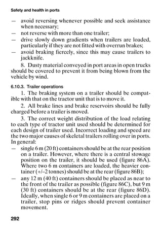 Safety and health in ports
292
— avoid reversing whenever possible and seek assistance
when necessary;
— not reverse with more than one trailer;
— drive slowly down gradients when trailers are loaded,
particularly if they are not fitted with overrun brakes;
— avoid braking fiercely, since this may cause trailers to
jackknife.
8. Dusty material conveyed in port areas in open trucks
should be covered to prevent it from being blown from the
vehicle by wind.
6.10.3. Trailer operations
1. The braking system on a trailer should be compat-
ible with that on the tractor unit that is to move it.
2. All brake lines and brake reservoirs should be fully
charged before a trailer is moved.
3. The correct weight distribution of the load relating
to each type of tractor unit used should be determined for
each design of trailer used. Incorrect loading and speed are
the two major causes of skeletal trailers rolling over in ports.
In general:
— single 6 m (20 ft) containers should be at the rear position
on a trailer. However, where there is a central stowage
position on the trailer, it should be used (figure 86A).
Where two 6 m containers are loaded, the heavier con-
tainer (+/–2 tonnes) should be at the rear (figure 86B);
— any 12 m (40 ft) containers should be placed as near to
the front of the trailer as possible (figure 86C), but 9 m
(30 ft) containers should be at the rear (figure 86D).
Ideally, when single 6 or 9 m containers are placed on a
trailer, stop pins or ridges should prevent container
movement.
 
