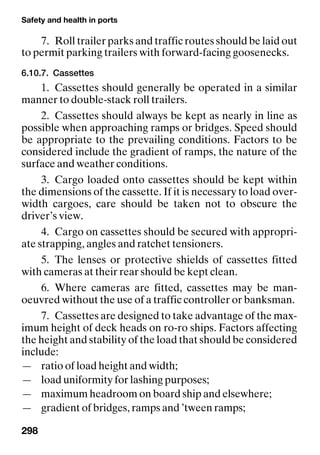 Safety and health in ports
298
7. Roll trailer parks and traffic routes should be laid out
to permit parking trailers with forward-facing goosenecks.
6.10.7. Cassettes
1. Cassettes should generally be operated in a similar
manner to double-stack roll trailers.
2. Cassettes should always be kept as nearly in line as
possible when approaching ramps or bridges. Speed should
be appropriate to the prevailing conditions. Factors to be
considered include the gradient of ramps, the nature of the
surface and weather conditions.
3. Cargo loaded onto cassettes should be kept within
the dimensions of the cassette. If it is necessary to load over-
width cargoes, care should be taken not to obscure the
driver’s view.
4. Cargo on cassettes should be secured with appropri-
ate strapping, angles and ratchet tensioners.
5. The lenses or protective shields of cassettes fitted
with cameras at their rear should be kept clean.
6. Where cameras are fitted, cassettes may be man-
oeuvred without the use of a traffic controller or banksman.
7. Cassettes are designed to take advantage of the max-
imum height of deck heads on ro-ro ships. Factors affecting
the height and stability of the load that should be considered
include:
— ratio of load height and width;
— load uniformity for lashing purposes;
— maximum headroom on board ship and elsewhere;
— gradient of bridges, ramps and ’tween ramps;
 