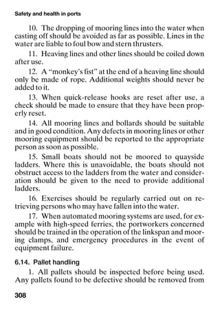 Safety and health in ports
308
10. The dropping of mooring lines into the water when
casting off should be avoided as far as possible. Lines in the
water are liable to foul bow and stern thrusters.
11. Heaving lines and other lines should be coiled down
after use.
12. A “monkey’s fist” at the end of a heaving line should
only be made of rope. Additional weights should never be
added to it.
13. When quick-release hooks are reset after use, a
check should be made to ensure that they have been prop-
erly reset.
14. All mooring lines and bollards should be suitable
and in good condition. Any defects in mooring lines or other
mooring equipment should be reported to the appropriate
person as soon as possible.
15. Small boats should not be moored to quayside
ladders. Where this is unavoidable, the boats should not
obstruct access to the ladders from the water and consider-
ation should be given to the need to provide additional
ladders.
16. Exercises should be regularly carried out on re-
trieving persons who may have fallen into the water.
17. When automated mooring systems are used, for ex-
ample with high-speed ferries, the portworkers concerned
should be trained in the operation of the linkspan and moor-
ing clamps, and emergency procedures in the event of
equipment failure.
6.14. Pallet handling
1. All pallets should be inspected before being used.
Any pallets found to be defective should be removed from
 