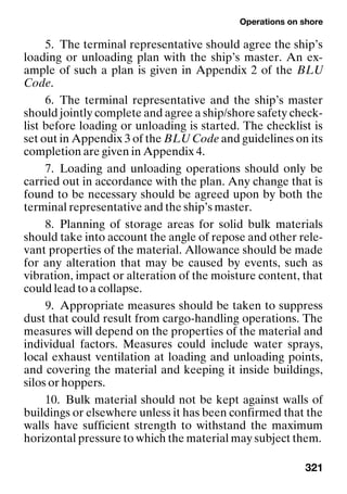 Operations on shore
321
5. The terminal representative should agree the ship’s
loading or unloading plan with the ship’s master. An ex-
ample of such a plan is given in Appendix 2 of the BLU
Code.
6. The terminal representative and the ship’s master
should jointly complete and agree a ship/shore safety check-
list before loading or unloading is started. The checklist is
set out in Appendix 3 of the BLU Code and guidelines on its
completion are given in Appendix 4.
7. Loading and unloading operations should only be
carried out in accordance with the plan. Any change that is
found to be necessary should be agreed upon by both the
terminal representative and the ship’s master.
8. Planning of storage areas for solid bulk materials
should take into account the angle of repose and other rele-
vant properties of the material. Allowance should be made
for any alteration that may be caused by events, such as
vibration, impact or alteration of the moisture content, that
could lead to a collapse.
9. Appropriate measures should be taken to suppress
dust that could result from cargo-handling operations. The
measures will depend on the properties of the material and
individual factors. Measures could include water sprays,
local exhaust ventilation at loading and unloading points,
and covering the material and keeping it inside buildings,
silos or hoppers.
10. Bulk material should not be kept against walls of
buildings or elsewhere unless it has been confirmed that the
walls have sufficient strength to withstand the maximum
horizontal pressure to which the material may subject them.
 