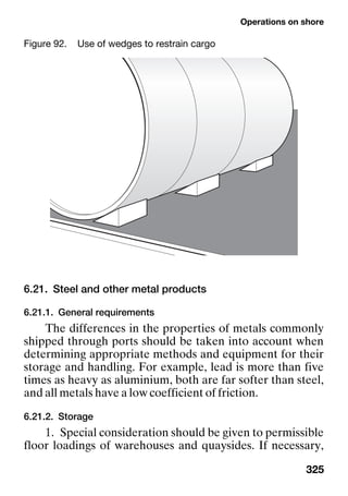 Operations on shore
325
6.21. Steel and other metal products
6.21.1. General requirements
The differences in the properties of metals commonly
shipped through ports should be taken into account when
determining appropriate methods and equipment for their
storage and handling. For example, lead is more than five
times as heavy as aluminium, both are far softer than steel,
and all metals have a low coefficient of friction.
6.21.2. Storage
1. Special consideration should be given to permissible
floor loadings of warehouses and quaysides. If necessary,
Figure 92. Use of wedges to restrain cargo
 