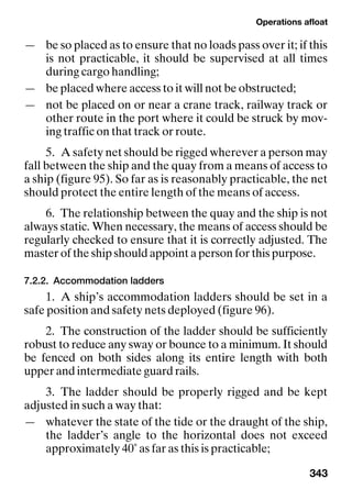 Operations afloat
343
— be so placed as to ensure that no loads pass over it; if this
is not practicable, it should be supervised at all times
during cargo handling;
— be placed where access to it will not be obstructed;
— not be placed on or near a crane track, railway track or
other route in the port where it could be struck by mov-
ing traffic on that track or route.
5. A safety net should be rigged wherever a person may
fall between the ship and the quay from a means of access to
a ship (figure 95). So far as is reasonably practicable, the net
should protect the entire length of the means of access.
6. The relationship between the quay and the ship is not
always static. When necessary, the means of access should be
regularly checked to ensure that it is correctly adjusted. The
master of the ship should appoint a person for this purpose.
7.2.2. Accommodation ladders
1. A ship’s accommodation ladders should be set in a
safe position and safety nets deployed (figure 96).
2. The construction of the ladder should be sufficiently
robust to reduce any sway or bounce to a minimum. It should
be fenced on both sides along its entire length with both
upper and intermediate guard rails.
3. The ladder should be properly rigged and be kept
adjusted in such a way that:
— whatever the state of the tide or the draught of the ship,
the ladder’s angle to the horizontal does not exceed
approximately 40˚ as far as this is practicable;
 