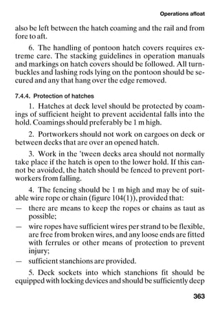 Operations afloat
363
also be left between the hatch coaming and the rail and from
fore to aft.
6. The handling of pontoon hatch covers requires ex-
treme care. The stacking guidelines in operation manuals
and markings on hatch covers should be followed. All turn-
buckles and lashing rods lying on the pontoon should be se-
cured and any that hang over the edge removed.
7.4.4. Protection of hatches
1. Hatches at deck level should be protected by coam-
ings of sufficient height to prevent accidental falls into the
hold. Coamings should preferably be 1 m high.
2. Portworkers should not work on cargoes on deck or
between decks that are over an opened hatch.
3. Work in the ’tween decks area should not normally
take place if the hatch is open to the lower hold. If this can-
not be avoided, the hatch should be fenced to prevent port-
workers from falling.
4. The fencing should be 1 m high and may be of suit-
able wire rope or chain (figure 104(1)), provided that:
— there are means to keep the ropes or chains as taut as
possible;
— wire ropes have sufficient wires per strand to be flexible,
are free from broken wires, and any loose ends are fitted
with ferrules or other means of protection to prevent
injury;
— sufficient stanchions are provided.
5. Deck sockets into which stanchions fit should be
equippedwithlockingdevicesandshouldbesufficientlydeep
 