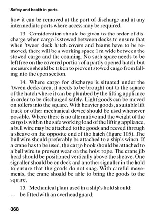 Safety and health in ports
368
how it can be removed at the port of discharge and at any
intermediate ports where access may be required.
13. Consideration should be given to the order of dis-
charge when cargo is stowed between decks to ensure that
when ’tween deck hatch covers and beams have to be re-
moved, there will be a working space 1 m wide between the
stowed cargo and the coaming. No such space needs to be
left free on the covered portion of a partly opened hatch, but
measures should be taken to prevent stowed cargo from fall-
ing into the open section.
14. Where cargo for discharge is situated under the
’tween decks area, it needs to be brought out to the square
of the hatch where it can be plumbed by the lifting appliance
in order to be discharged safely. Light goods can be moved
on rollers into the square. With heavier goods, a suitable lift
truck or other mechanical device should be used whenever
possible. Where there is no alternative and the weight of the
cargo is within the safe working load of the lifting appliance,
a bull wire may be attached to the goods and reeved through
a sheave on the opposite end of the hatch (figure 105). The
bull wire should preferably be attached to a ship’s winch. If
a crane has to be used, the cargo hook should be attached to
a bull wire to prevent wear on the hoist rope. The crane jib
head should be positioned vertically above the sheave. One
signaller should be on deck and another signaller in the hold
to ensure that the goods do not snag. With careful move-
ments, the crane should be able to bring the goods to the
square.
15. Mechanical plant used in a ship’s hold should:
— be fitted with an overhead guard;
 