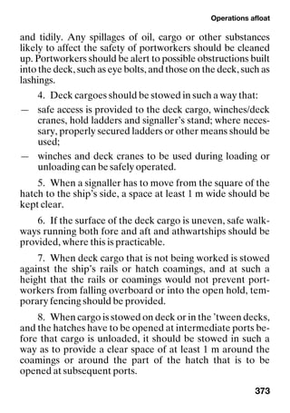 Operations afloat
373
and tidily. Any spillages of oil, cargo or other substances
likely to affect the safety of portworkers should be cleaned
up. Portworkers should be alert to possible obstructions built
into the deck, such as eye bolts, and those on the deck, such as
lashings.
4. Deck cargoes should be stowed in such a way that:
— safe access is provided to the deck cargo, winches/deck
cranes, hold ladders and signaller’s stand; where neces-
sary, properly secured ladders or other means should be
used;
— winches and deck cranes to be used during loading or
unloading can be safely operated.
5. When a signaller has to move from the square of the
hatch to the ship’s side, a space at least 1 m wide should be
kept clear.
6. If the surface of the deck cargo is uneven, safe walk-
ways running both fore and aft and athwartships should be
provided, where this is practicable.
7. When deck cargo that is not being worked is stowed
against the ship’s rails or hatch coamings, and at such a
height that the rails or coamings would not prevent port-
workers from falling overboard or into the open hold, tem-
porary fencing should be provided.
8. When cargo is stowed on deck or in the ’tween decks,
and the hatches have to be opened at intermediate ports be-
fore that cargo is unloaded, it should be stowed in such a
way as to provide a clear space of at least 1 m around the
coamings or around the part of the hatch that is to be
opened at subsequent ports.
 