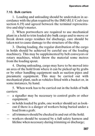 Operations afloat
387
7.10. Bulk carriers
1. Loading and unloading should be undertaken in ac-
cordance with the plan required by the IMO BLU Code (see
section 6.19) and agreed between the terminal representa-
tive and ship’s master.
2. When portworkers are required to use mechanical
plant in a hold to trim loaded dry bulk cargo and to move or
break down cargo residues for discharge, care should be
taken not to cause damage to the structure of the ship.
3. During loading, the regular distribution of the cargo
in holds should be achieved by careful use of the loading
machinery. This may be supplemented by belt conveyors or
rotary machines, which throw the material some metres
from the loading spout.
4. During unloading, cargo may have to be moved into
an area of the hold from where it can be picked up by grabs
or by other handling equipment such as suction pipes and
pneumatic equipment. This may be carried out with
mechanical plant, such as vehicles fitted with a bucket or, in
some instances, by hand.
5. When work has to be carried out in the holds of bulk
carriers:
— a signaller may be necessary to control grabs or other
equipment;
— in holds loaded by grabs, one worker should act as look-
out if there is a danger of workers being buried under a
load from a grab;
— all trimmers should be checked in and out of the hold;
— workers should be secured by a full safety harness and
lifeline when necessary during trimming or discharge;
 